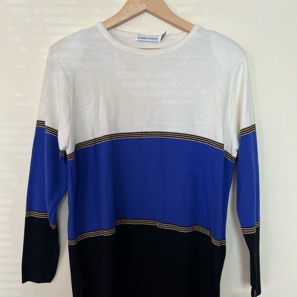 Karen Lessly Women Sweater Large $80 Cream Blue Oversized Boxy Acrylic Vtg USA - Picture 4 of 15